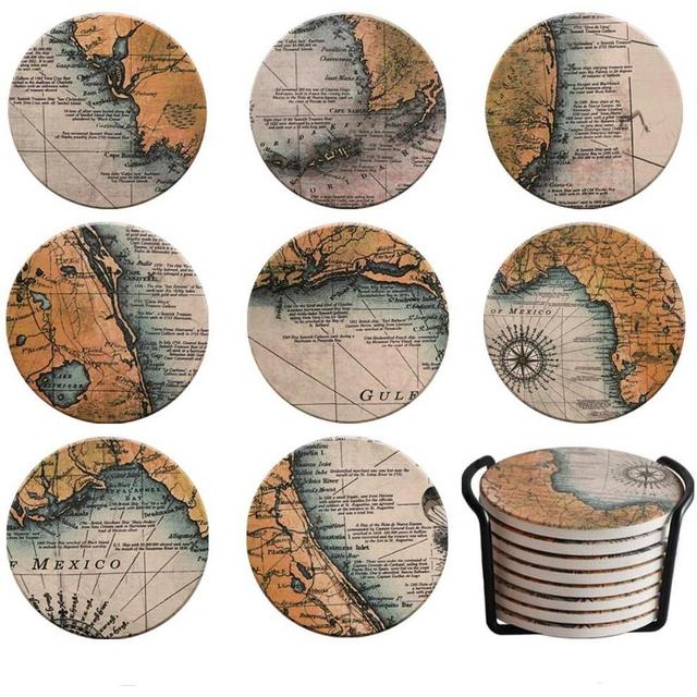 Lumuasky Retro Map Coasters Set with Holder