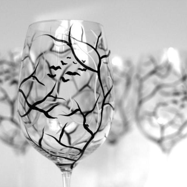 White and Black Tree Branch Wine Glasses - Set of 2 Hand Painted Wine Glasses