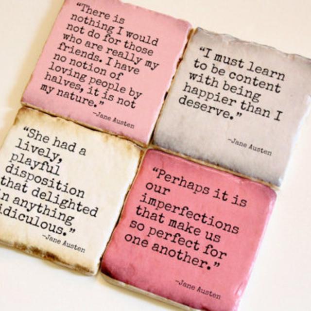Jane Austen-Literary Quote Coasters. Pride and Prejudice, Emma. Perfect gift or home decor.