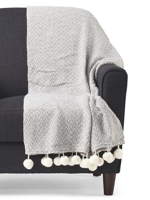 CYNTHIA ROWLEY THROW BLANKET WITH POM POMS