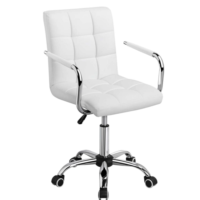Yaheetech White Desk Chairs with Wheels/Armrests Modern PU Leather Office Chair Midback Adjustable Home Computer Executive Chair on Wheels 360° Swivel
