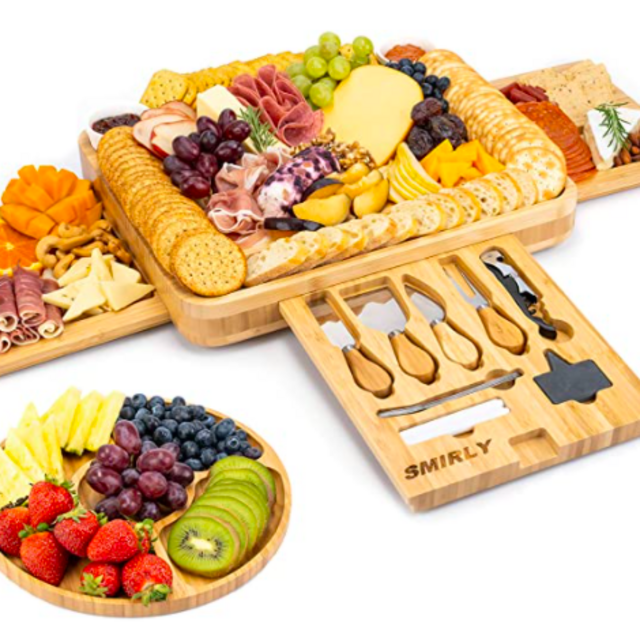 Smirly Cheese Board and Knife Set: 16 x 13 x 2 Inch Wood Charcuterie Platter for Wine, Cheese, Meat