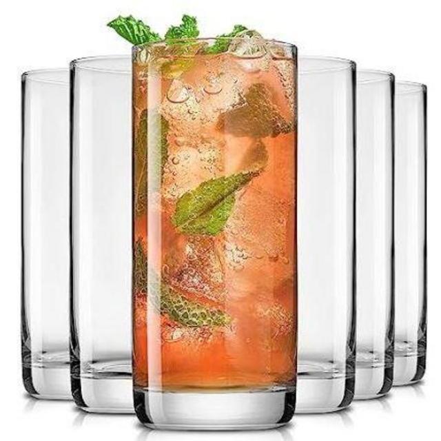 JoyJolt Faye 13oz Highball Glasses, 6pc Tall Glass Sets. Lead-Free Crystal Glass Drinking Glasses. Water Glasses, Mojito Glass Cups, Tom Collins Bar Glassware, and Mixed Drink Cocktail Glass Set