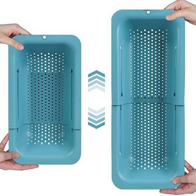 BLUE GINKGO Over the Sink Colander Strainer Basket - Wash Vegetables and Fruits, Drain Cooked Pasta and Dry Dishes - Extendable - New Home Kitchen Essentials (7.9 W x 14.5-19.5 L x 2.75 H) - Teal