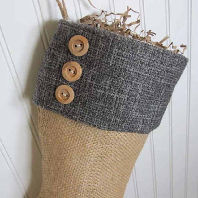 Dark blue shabby chic Christmas Stocking with 3 buttons