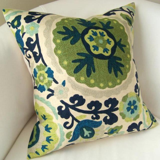 Suzani Pillow Cover Blue Green Pillow Decorative Throw Pillow Accent Cushion 18 or 20 Inches
