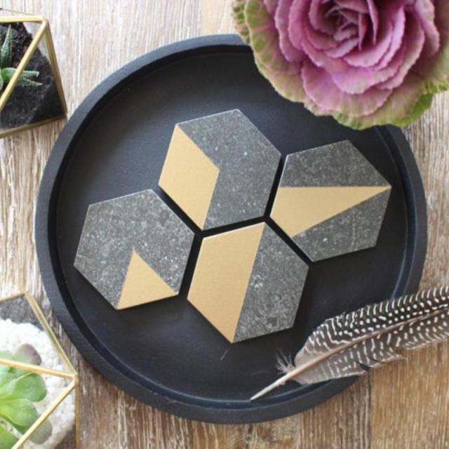 Metallic Gold & Black Stone Hexagon Coasters  (Set of 4)