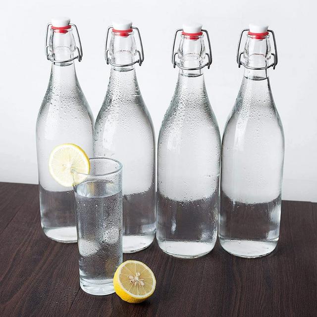 Otis Swing Top Glass Bottles with Ceramic Caps - 1 Liter, 4 Pack - Clear Glass Bottle for Kombucha Fermenting, Beer Brewing, Juicing, Wine, Milk or Eggnog