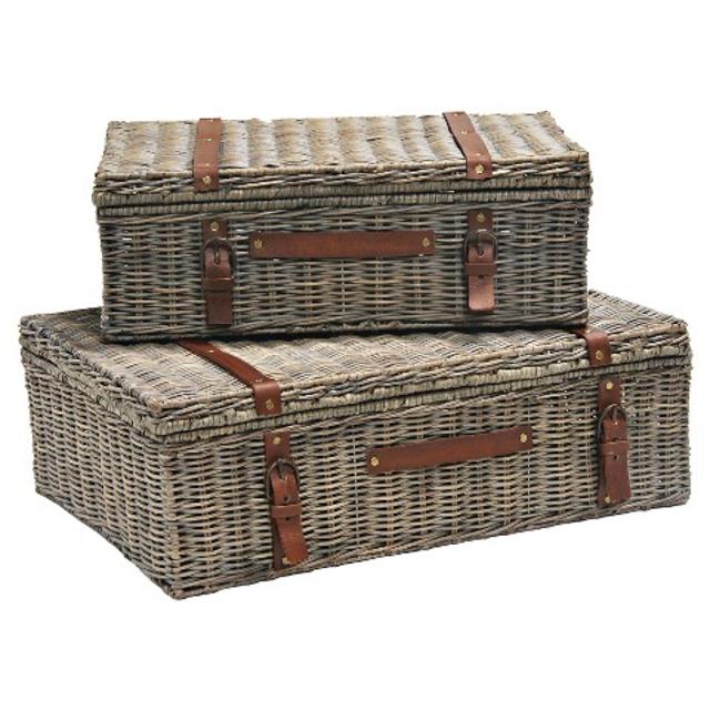 Wicker Storage Trunk Graywash Finish - Set of 2 product details page
