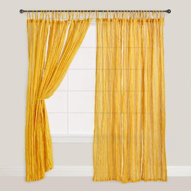Golden Yellow Tie Top Crinkle Voile Curtains, Set of 2