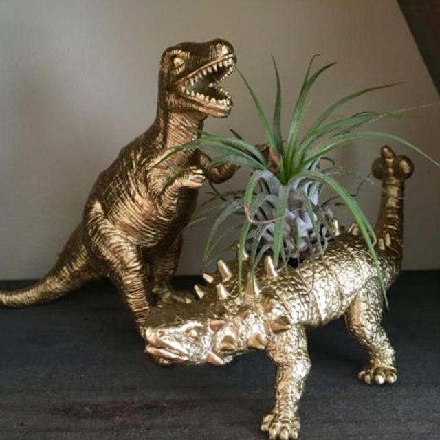 Set of Two Gold Painted Dinosaur Planters - Succulents - Home Decor - Gifts