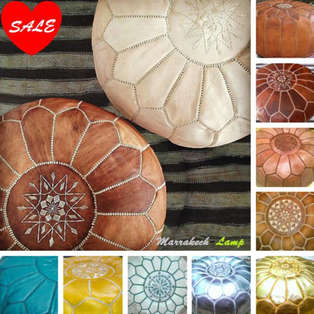 2 MOROCCAN POUF/ottoman pouf/size14"x 20"/moroccan leather/ footstoolh/and-stitched/women's gift idea/spring goft/Gift wedding/tan leather.