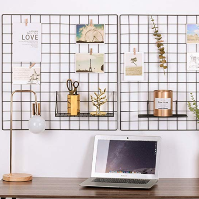 Kufox Painted Wire Wall Grid Panel, Multifunction Photo Hanging Display and Wall Storage Organizer, Pack of 2 , Size:23.6"x 23.6", Square Black