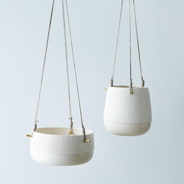Textured Ceramic and Brass Hanging Planters