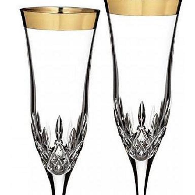 Waterford Lismore Essence Gold Champagne Crystal Toasting Flute, Pair