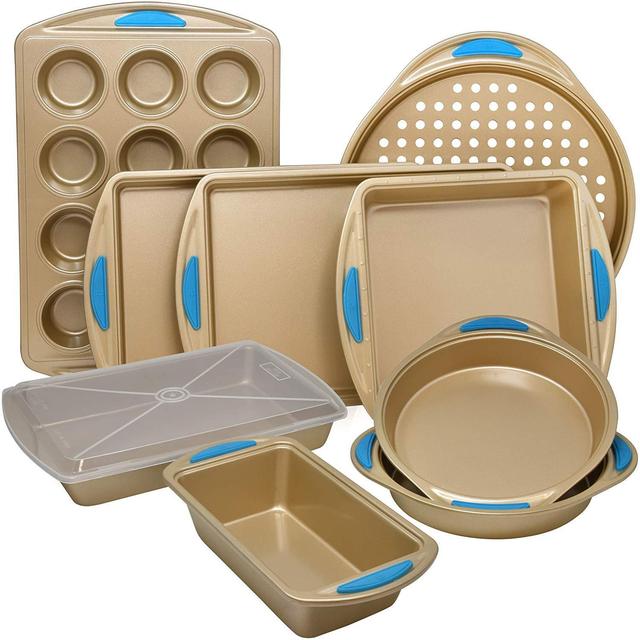 Perlli 10-Piece Nonstick Carbon Steel Bakeware Set with Baking Pans, Baking Sheets, Cookie Sheets, Muffin Pan, Bread Pan and Cake Pan with Cover, Luxurious Gold with Steel Blue Silicone Grip Handles