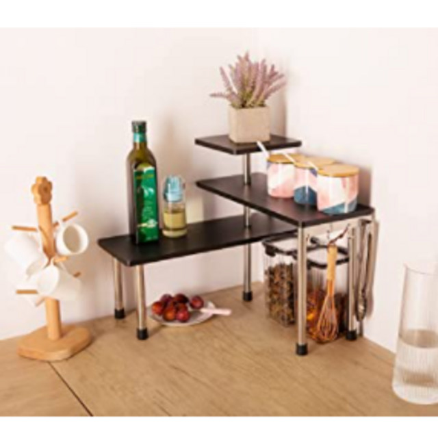 Venloup Upgraded 3 Tier Corner Shelf, Adjustable Bamboo Storage Spice Rack with Hooks, Freestanding Space Saving Counter Display Shelf for Kitchen, Office and Bedroom Adjustable(Black)