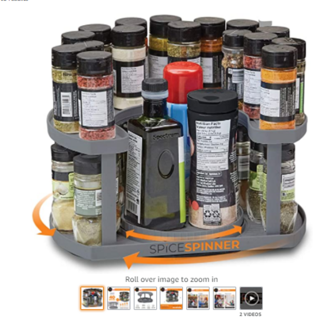 Spice Spinner Two-Tiered Spice Organizer & Holder That Saves Space, Keeps Everything Neat, Organized & Within Reach With Dual Spin Turntables- Grey