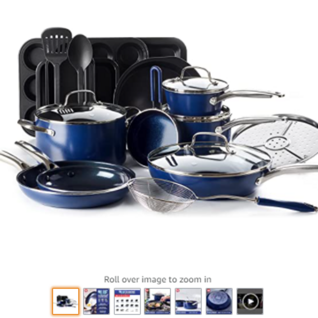 Blue Diamond Cookware Diamond Infused Ceramic Nonstick 20 Piece Cookware Bakeware Pots and Pans Set, PFAS-Free, Dishwasher Safe, Oven Safe, Blue