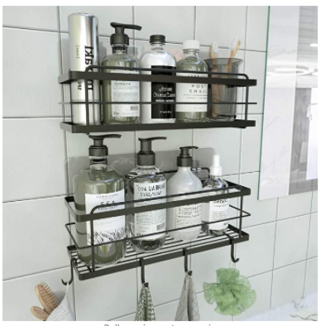 KINCMAX Shower Caddy Basket Shelf with Hooks for Hanging Sponge, No Drilling Adhesive Wall Mounted Bathroom Storage Shampoo Holder Organizer, Kitchen Shelf Rack, Stainless Steel SUS304-2 Pack, Black