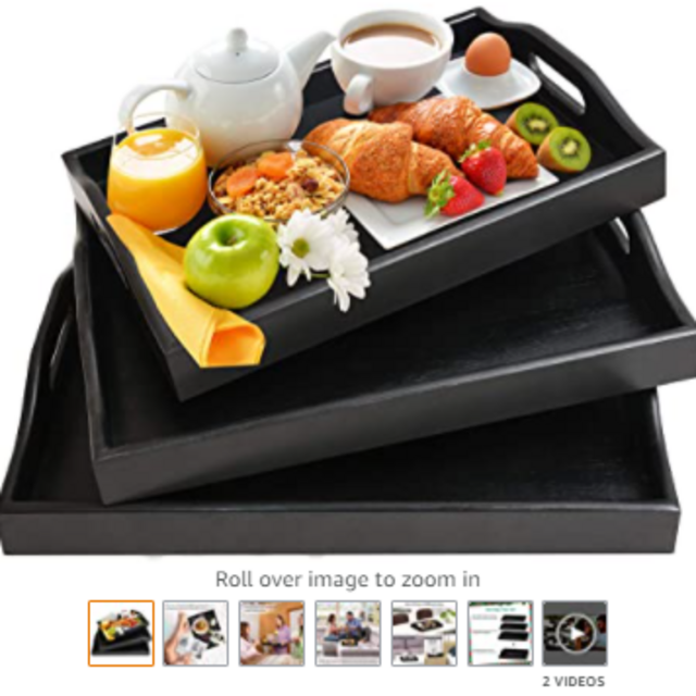Serving Tray with Handles - Wood Bamboo Trays for Food Breakfast Party,Tea Coffee Table Ottoman Decor Set of 3 (Black)