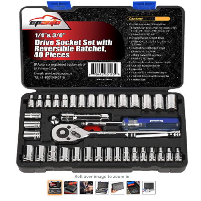40 Pieces - EPAuto 1/4-Inch & 3/8-Inch Drive Socket Set with 72 Tooth Reversible Ratchet
