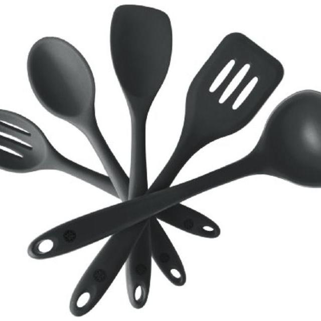 StarPack Premium Silicone Kitchen Utensil Set (5 Piece) in Hygienic Solid Coating + Bonus 101 Cooking Tips (Gray Black)