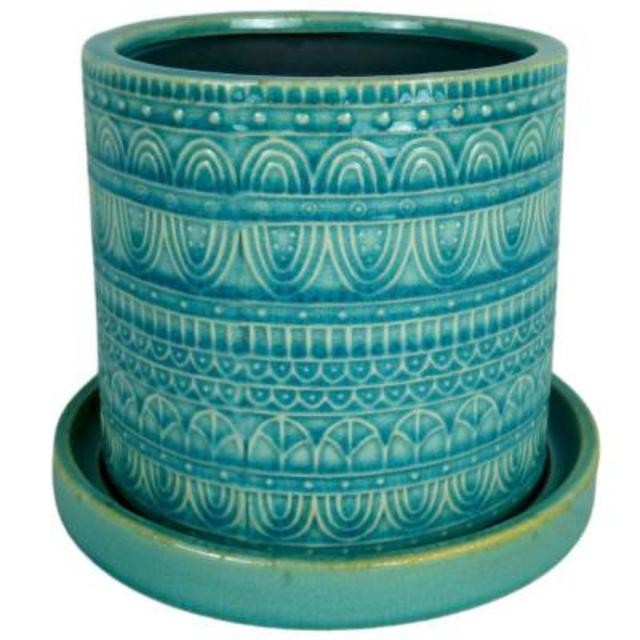 8 in. Dia. Blue Ceramic Seven Seas Cylinder Pot