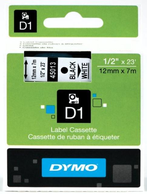 DYMO Labeling Tape, ½" x 23', Black Print on White Tape (45013) D1 Label Cassette, Split Back Easy Peel Adhesive