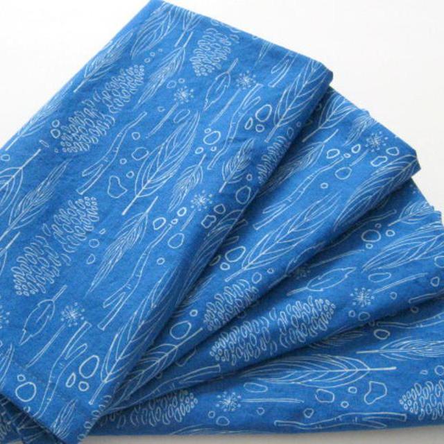 Large Cloth Napkins - Set of 4 - Blue Feathers Pine Cones and Twigs