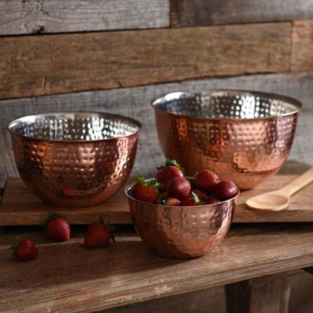 Set Of 3 Copper Hammered Mixing Bowls With Stainless Steel Interior Finish Nesting Bowls, Chef Cookware Set,
