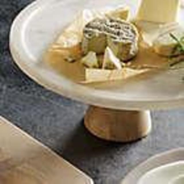 Artisanal Kitchen Supply® White Marble and Wood Cake Stand
