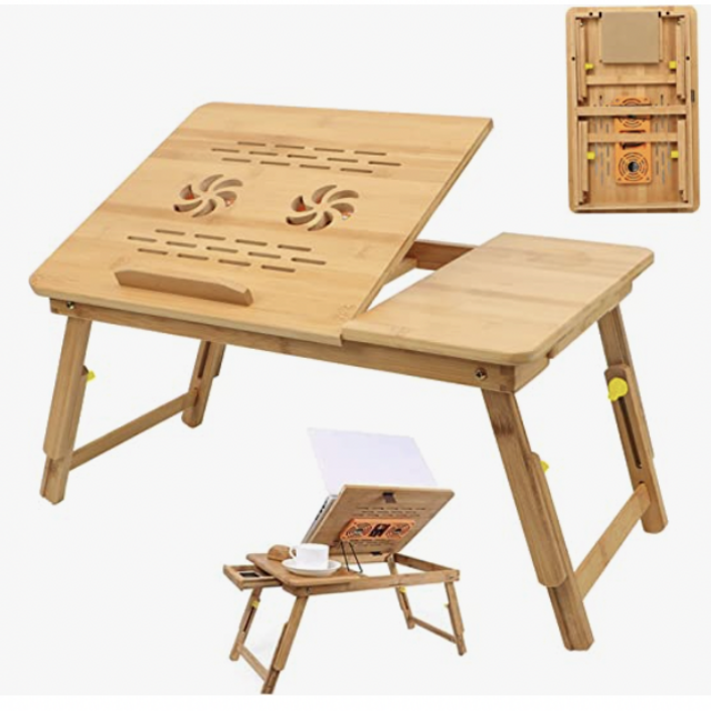 Bamboo Laptop Bed Desk Table Tray - with Laptop Cooler Adjustable Bed Tray Table Over Bed Breakfast Table Tilting Top with Drawer Foldable Pull Down Legs Laptop Table for Eating Reading Working Sofa