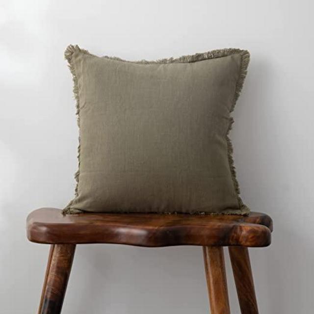Linen Fringed Throw Pillow Cover - Soft Cozy Boho Cushion Covers with Tassel for Couch Sofa Farmhouse Natural Decor Burlap Pillowcase, Green 18x18 Inches
