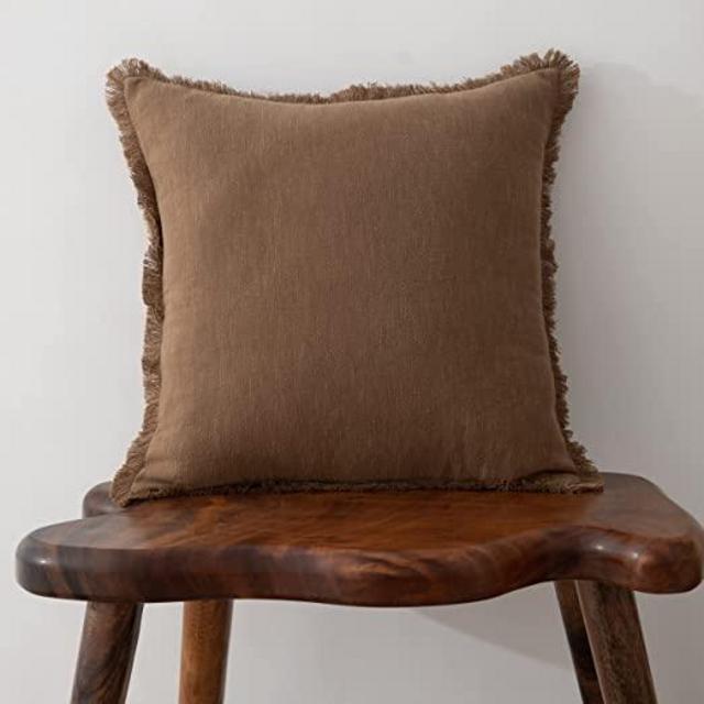 Linen Fringed Throw Pillow Cover - Soft Cozy Boho Cushion Covers with Tassel for Couch Sofa Farmhouse Natural Decor Burlap Pillowcase, Brown 18x18 inches