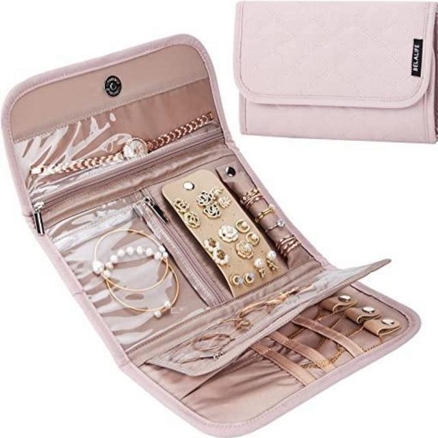 BELALIFE Travel Jewelry Organizer Case, Foldable Jewelry Storage Roll for Earrings, Necklaces, Rings, Bracelets, Brooches, Pink