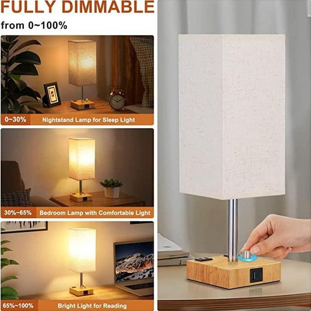 aooshine Fully Dimmable Table Lamp with USB C Solid Wood Bedside Lamp with USB C+A Ports and Dual AC Outlets, Bedroom Lamp with Dimmable Bulb, Nightstand Light Small Lamp for Living Room(Beige) - beige w/ wood base