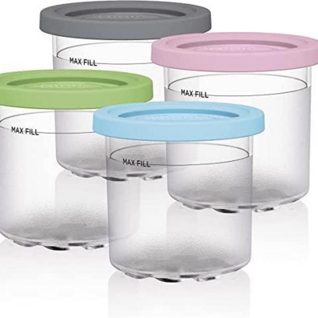 Ninja XSKPLD4BCD 4 Pack, Compatible with NC299AMZ & NC300s Series Creami Ice Cream Makers, BPA-Free & Dishwasher Safe, Color Lids, 1 Pint Each, Clear/Grey/Lime/Pink/Acqua