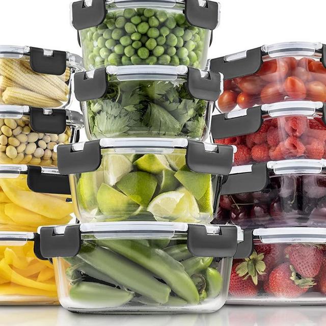 FineDine 24-Piece Superior Glass Food Storage Containers Set - Newly Innovated Hinged Locking lids - 100% Leakproof Glass Meal-Prep Containers, Great On-the-Go & Freezer-to-Oven-Safe Food Containers