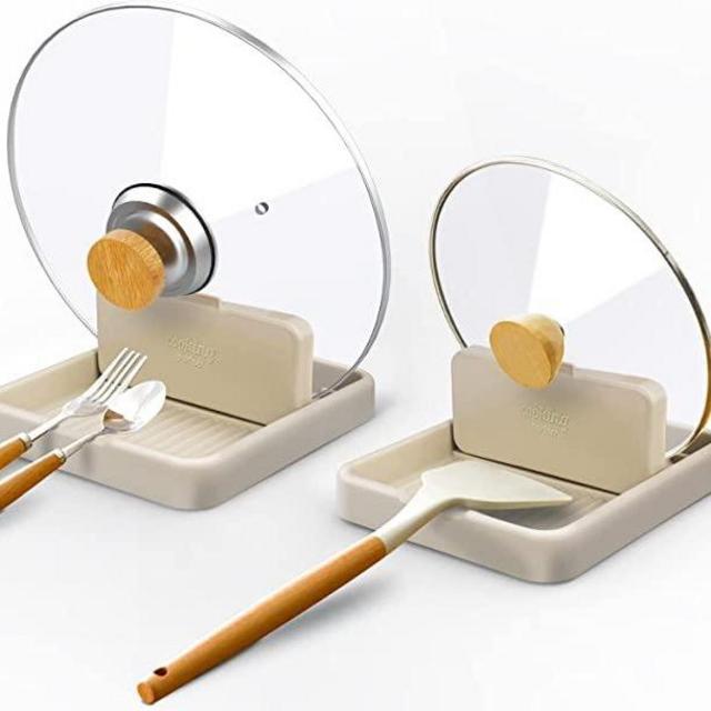 Spoon Rest for Kitchen Counter - 2Pack Spoon Holder for Stove Top, Pot Lid Holder with Drip Pad for Ladle|Spatula|Tongs|Forks|Utensil Holder Organizer