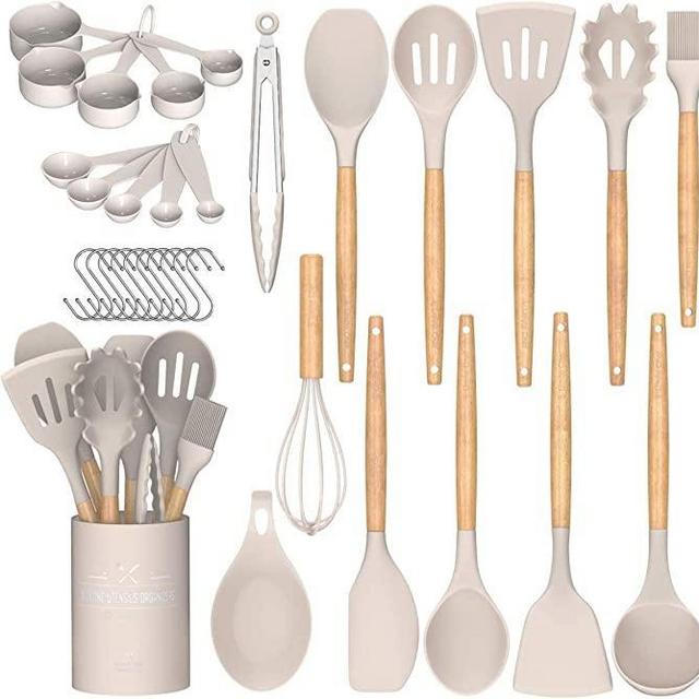 Umite Chef Kitchen Cooking Utensils Set, 33 pcs Non-Stick Silicone Cooking Kitchen Utensils Spatula Set with Holder, Wooden Handle Silicone Kitchen Gadgets Utensil Set (Khaki)