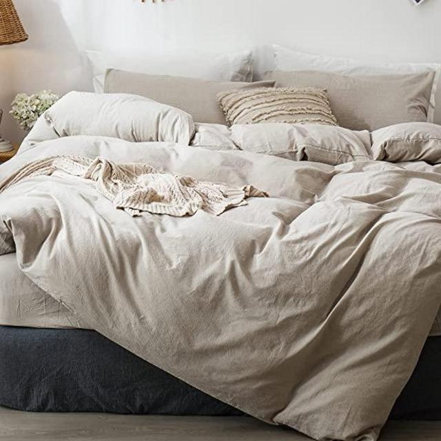 MooMee Bedding Duvet Cover Set 100% Washed Cotton Linen Like Textured Breathable Durable Soft Comfy (Tannish Linen Grey, Queen)