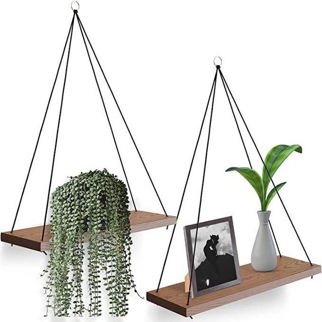 OMYSA Hanging Shelves for Wall - Set of 2 Hanging Plant Shelf - Boho Wall Decor - Minimalist & Lightweight - Use in Any Room - Brown