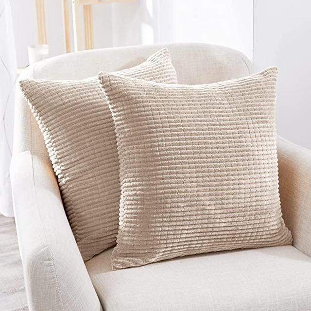 Deconovo Pack of 2, Decorative Throw Pillow Cover with Stripes, 22x22 Inch, Cream, Solid Color Corduroy Cushion Covers for Bedroom Living Room Sofa Couch