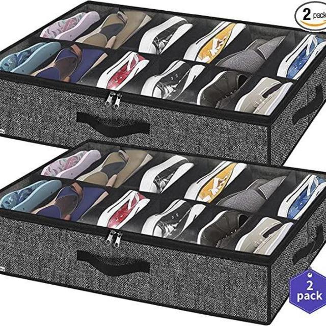 Onlyeasy Sturdy Under Bed Shoe Storage Organizer, Set of 2, Fits Total 24 Pairs, Underbed Shoes Closet Storage Solution with Clear Window, Breathable, 29.3"x23.6"x5.9", Linen-like Black, MXAUBSB2P