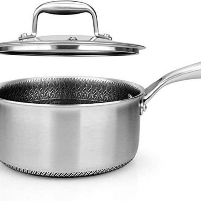 2 QT Stainless Steel Sauce Pot - Triply Kitchenware Sauce Pot with Glass Lid - DAKIN Etching Non-Stick Coating, Scratch-resistant Raised-up Honeycomb Fire Textured Pattern - NutriChef NC3PSP