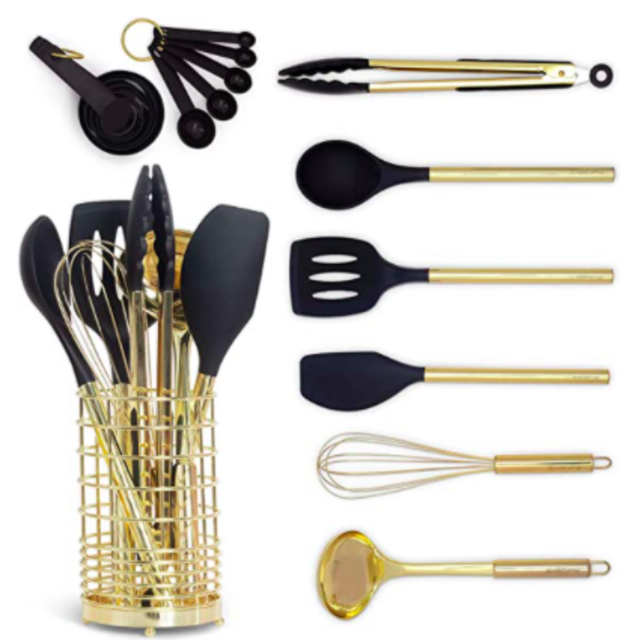 Black & Gold Kitchen Utensils with Metal Gold Utensil Holder -17PC Gold Cooking Utensils Set Includes Black & Gold Measuring Cups and Spoons Set-Gold Kitchen Accessories, Silicone Cooking Utensils Set