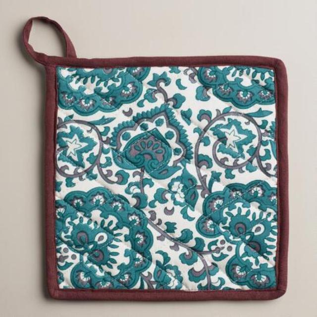 Indigo Blue Floral Baroque Potholders, Set of 2