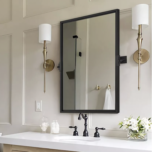 Modern Moon Decorative 20 x 28 Inch Rectangular Wall Mounted Hanging Bathroom Vanity Mirror with Pinewood Metal Frame, Matte Black