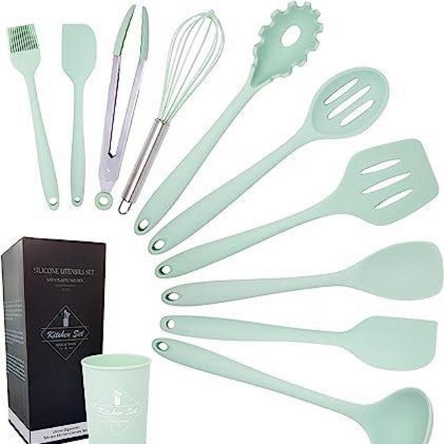 K & G Silicone Cooking Utensils Set of 11 Pieces Food Grade, Heat Resistant Green Kitchen Utensils Set Non-Stick Dishwasher Safe, Odourless and Cookware Friendly utensils